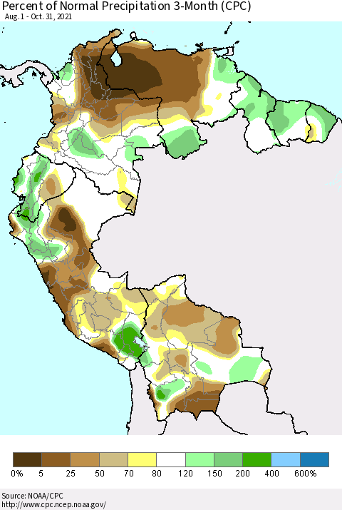 Northern South America Percent of Normal Precipitation 3-Month (CPC) Thematic Map For 8/1/2021 - 10/31/2021