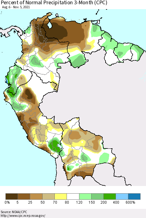 Northern South America Percent of Normal Precipitation 3-Month (CPC) Thematic Map For 8/6/2021 - 11/5/2021