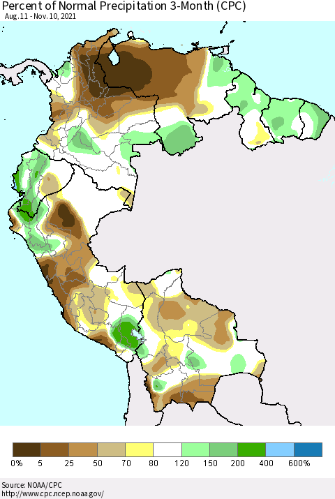 Northern South America Percent of Normal Precipitation 3-Month (CPC) Thematic Map For 8/11/2021 - 11/10/2021