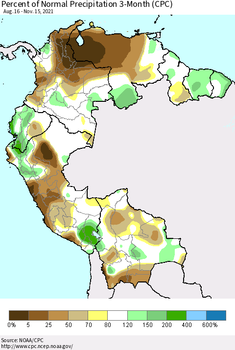 Northern South America Percent of Normal Precipitation 3-Month (CPC) Thematic Map For 8/16/2021 - 11/15/2021