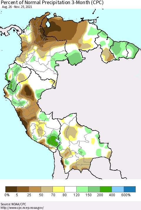 Northern South America Percent of Normal Precipitation 3-Month (CPC) Thematic Map For 8/26/2021 - 11/25/2021