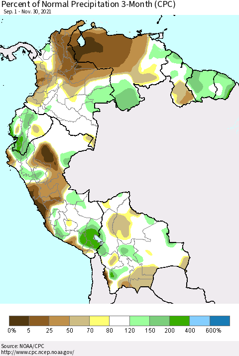 Northern South America Percent of Normal Precipitation 3-Month (CPC) Thematic Map For 9/1/2021 - 11/30/2021