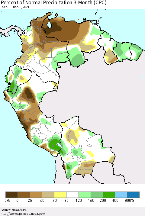 Northern South America Percent of Normal Precipitation 3-Month (CPC) Thematic Map For 9/6/2021 - 12/5/2021