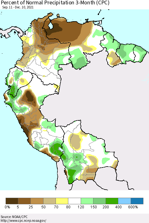 Northern South America Percent of Normal Precipitation 3-Month (CPC) Thematic Map For 9/11/2021 - 12/10/2021
