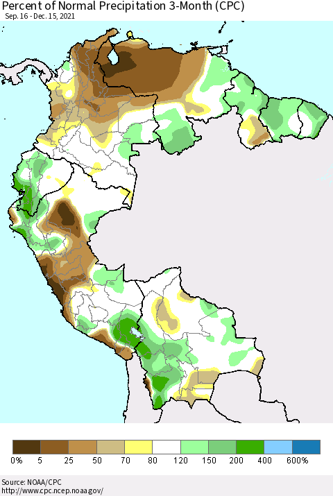 Northern South America Percent of Normal Precipitation 3-Month (CPC) Thematic Map For 9/16/2021 - 12/15/2021