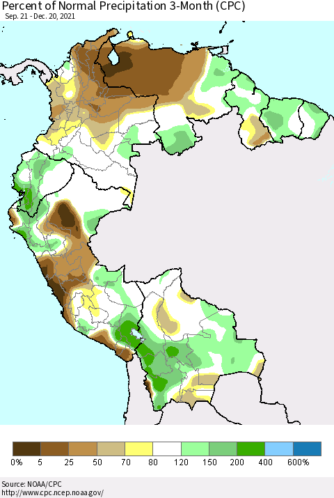 Northern South America Percent of Normal Precipitation 3-Month (CPC) Thematic Map For 9/21/2021 - 12/20/2021