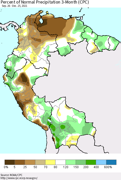 Northern South America Percent of Normal Precipitation 3-Month (CPC) Thematic Map For 9/26/2021 - 12/25/2021
