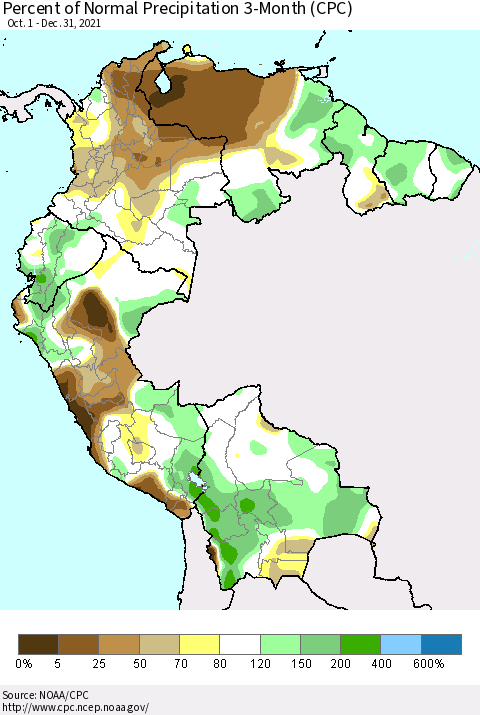 Northern South America Percent of Normal Precipitation 3-Month (CPC) Thematic Map For 10/1/2021 - 12/31/2021