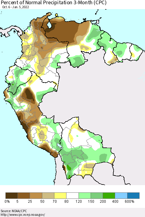 Northern South America Percent of Normal Precipitation 3-Month (CPC) Thematic Map For 10/6/2021 - 1/5/2022
