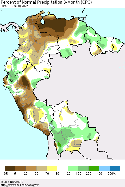 Northern South America Percent of Normal Precipitation 3-Month (CPC) Thematic Map For 10/11/2021 - 1/10/2022
