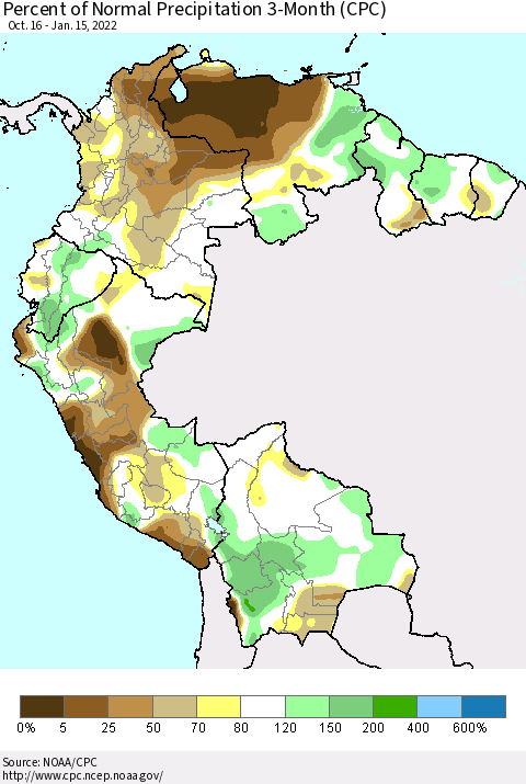 Northern South America Percent of Normal Precipitation 3-Month (CPC) Thematic Map For 10/16/2021 - 1/15/2022