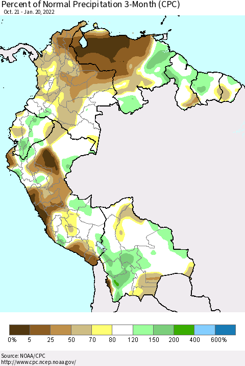 Northern South America Percent of Normal Precipitation 3-Month (CPC) Thematic Map For 10/21/2021 - 1/20/2022