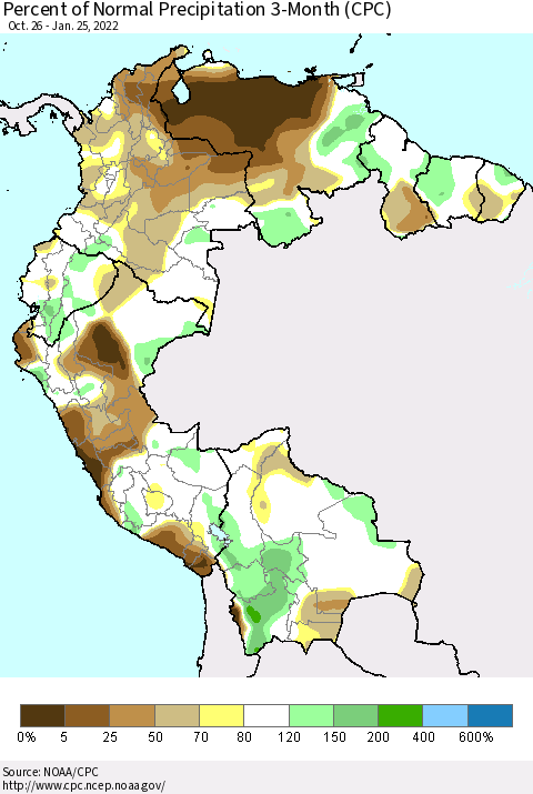 Northern South America Percent of Normal Precipitation 3-Month (CPC) Thematic Map For 10/26/2021 - 1/25/2022