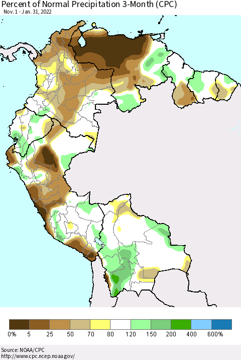 Northern South America Percent of Normal Precipitation 3-Month (CPC) Thematic Map For 11/1/2021 - 1/31/2022