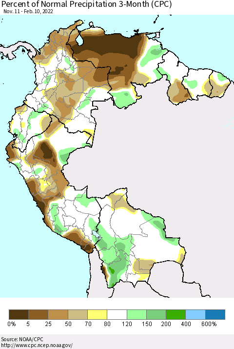 Northern South America Percent of Normal Precipitation 3-Month (CPC) Thematic Map For 11/11/2021 - 2/10/2022