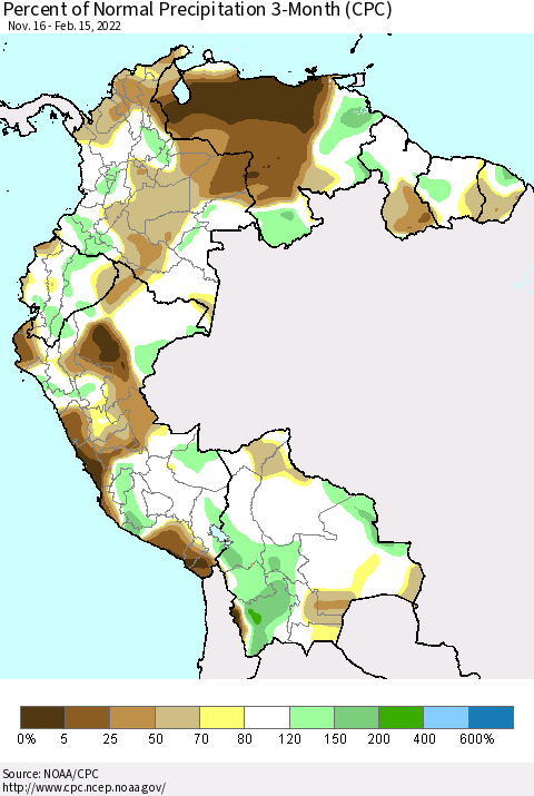 Northern South America Percent of Normal Precipitation 3-Month (CPC) Thematic Map For 11/16/2021 - 2/15/2022