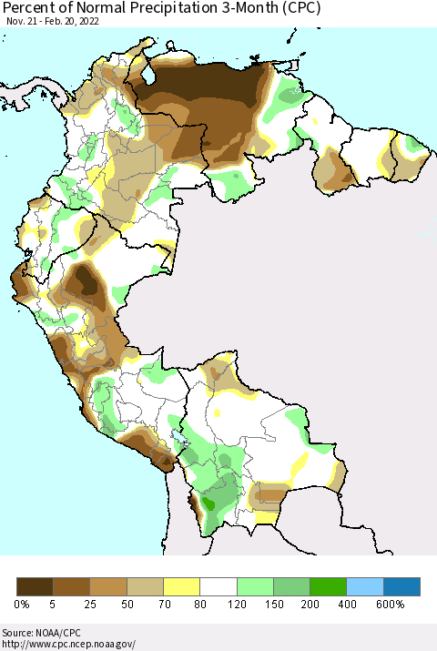 Northern South America Percent of Normal Precipitation 3-Month (CPC) Thematic Map For 11/21/2021 - 2/20/2022