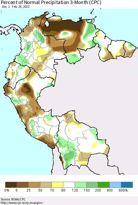 Northern South America Percent of Normal Precipitation 3-Month (CPC) Thematic Map For 12/1/2021 - 2/28/2022
