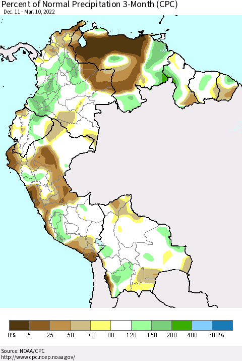 Northern South America Percent of Normal Precipitation 3-Month (CPC) Thematic Map For 12/11/2021 - 3/10/2022