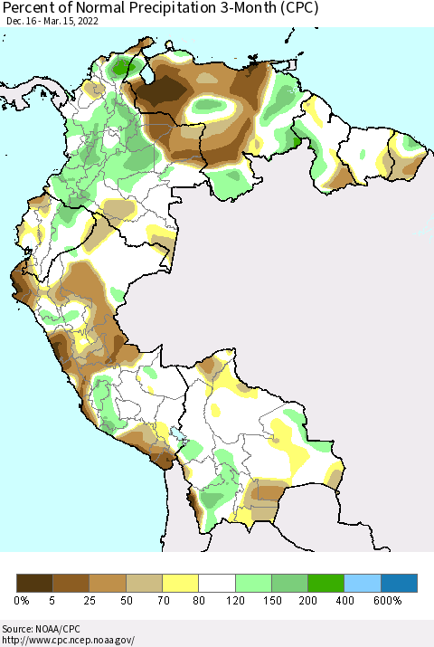 Northern South America Percent of Normal Precipitation 3-Month (CPC) Thematic Map For 12/16/2021 - 3/15/2022