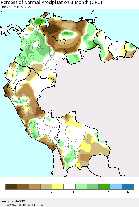 Northern South America Percent of Normal Precipitation 3-Month (CPC) Thematic Map For 12/21/2021 - 3/20/2022