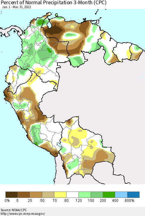 Northern South America Percent of Normal Precipitation 3-Month (CPC) Thematic Map For 1/1/2022 - 3/31/2022
