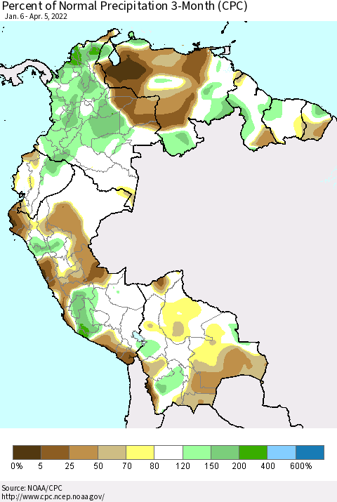 Northern South America Percent of Normal Precipitation 3-Month (CPC) Thematic Map For 1/6/2022 - 4/5/2022