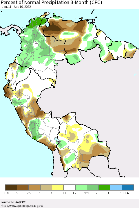 Northern South America Percent of Normal Precipitation 3-Month (CPC) Thematic Map For 1/11/2022 - 4/10/2022