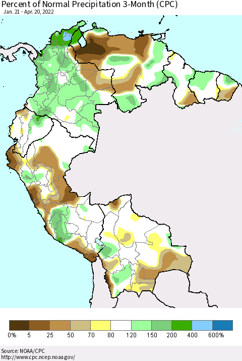 Northern South America Percent of Normal Precipitation 3-Month (CPC) Thematic Map For 1/21/2022 - 4/20/2022