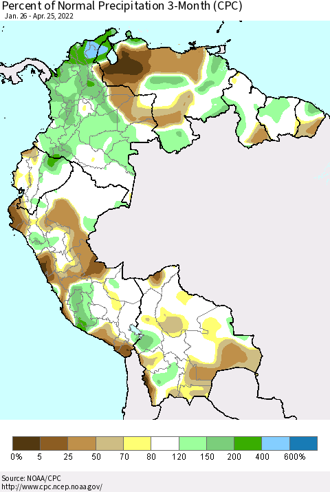 Northern South America Percent of Normal Precipitation 3-Month (CPC) Thematic Map For 1/26/2022 - 4/25/2022