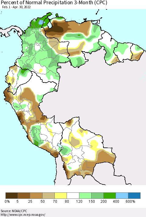 Northern South America Percent of Normal Precipitation 3-Month (CPC) Thematic Map For 2/1/2022 - 4/30/2022