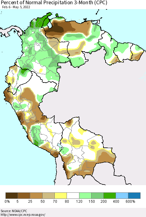 Northern South America Percent of Normal Precipitation 3-Month (CPC) Thematic Map For 2/6/2022 - 5/5/2022