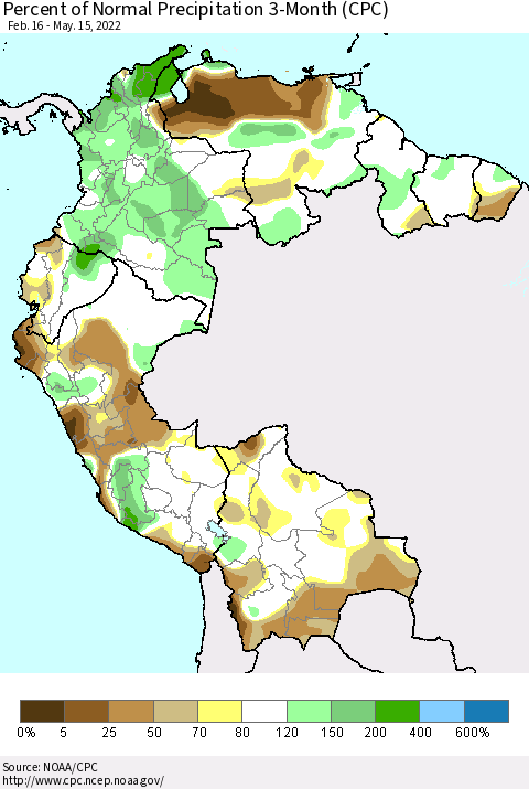 Northern South America Percent of Normal Precipitation 3-Month (CPC) Thematic Map For 2/16/2022 - 5/15/2022