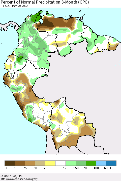 Northern South America Percent of Normal Precipitation 3-Month (CPC) Thematic Map For 2/21/2022 - 5/20/2022