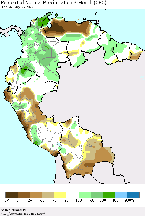 Northern South America Percent of Normal Precipitation 3-Month (CPC) Thematic Map For 2/26/2022 - 5/25/2022