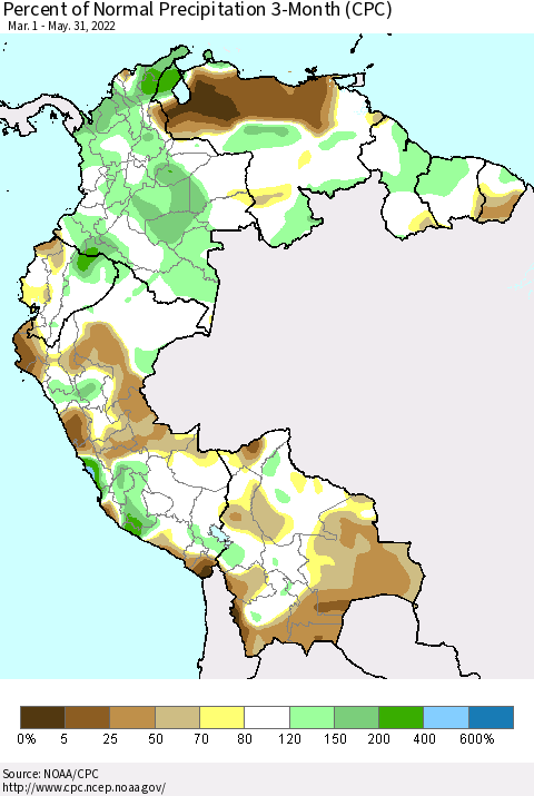 Northern South America Percent of Normal Precipitation 3-Month (CPC) Thematic Map For 3/1/2022 - 5/31/2022
