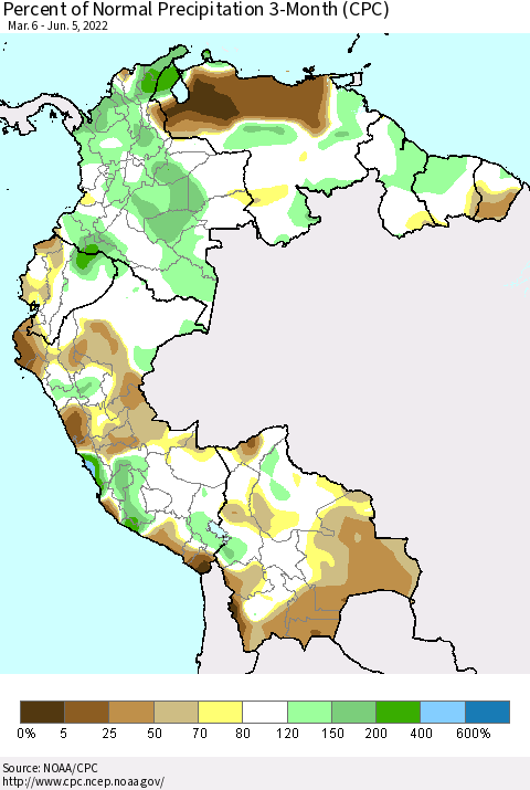 Northern South America Percent of Normal Precipitation 3-Month (CPC) Thematic Map For 3/6/2022 - 6/5/2022