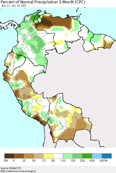 Northern South America Percent of Normal Precipitation 3-Month (CPC) Thematic Map For 3/11/2022 - 6/10/2022