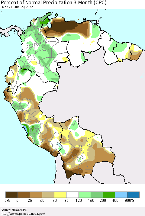 Northern South America Percent of Normal Precipitation 3-Month (CPC) Thematic Map For 3/21/2022 - 6/20/2022