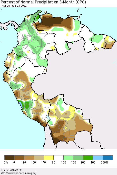 Northern South America Percent of Normal Precipitation 3-Month (CPC) Thematic Map For 3/26/2022 - 6/25/2022
