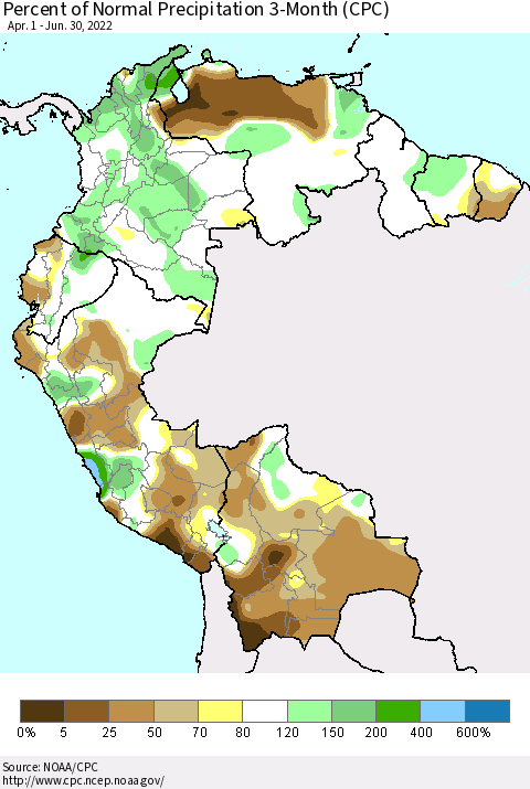 Northern South America Percent of Normal Precipitation 3-Month (CPC) Thematic Map For 4/1/2022 - 6/30/2022