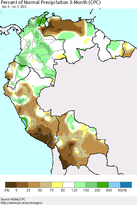 Northern South America Percent of Normal Precipitation 3-Month (CPC) Thematic Map For 4/6/2022 - 7/5/2022