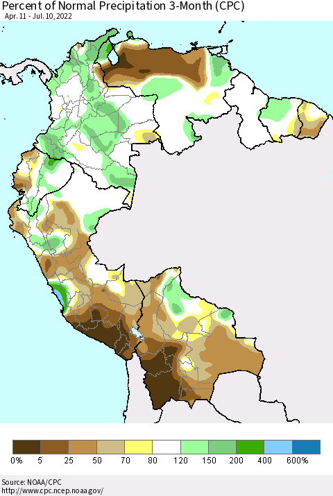 Northern South America Percent of Normal Precipitation 3-Month (CPC) Thematic Map For 4/11/2022 - 7/10/2022