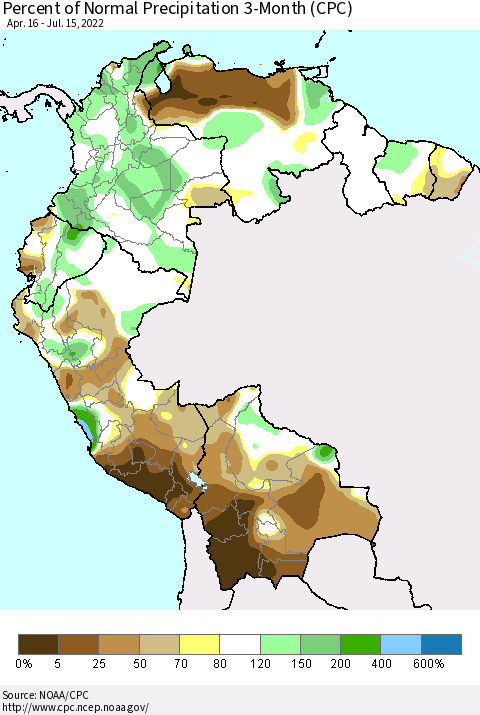 Northern South America Percent of Normal Precipitation 3-Month (CPC) Thematic Map For 4/16/2022 - 7/15/2022