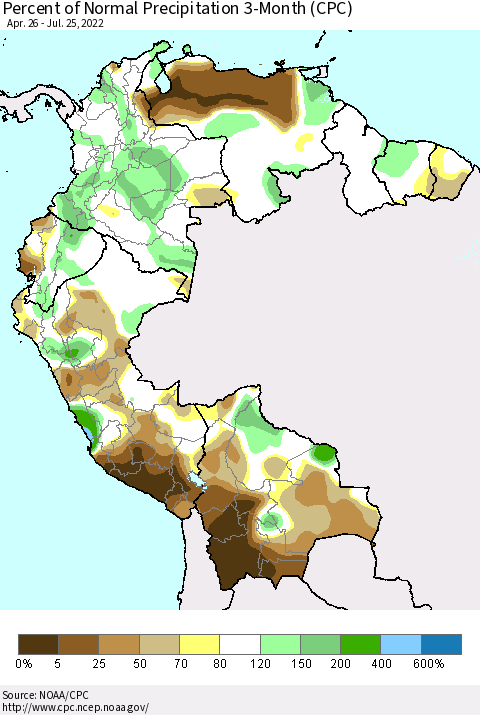 Northern South America Percent of Normal Precipitation 3-Month (CPC) Thematic Map For 4/26/2022 - 7/25/2022