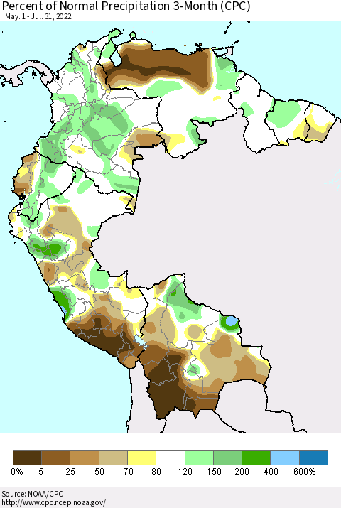 Northern South America Percent of Normal Precipitation 3-Month (CPC) Thematic Map For 5/1/2022 - 7/31/2022