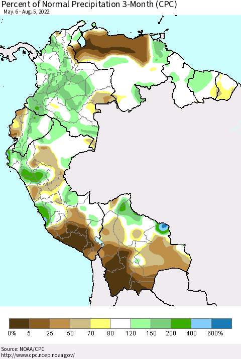 Northern South America Percent of Normal Precipitation 3-Month (CPC) Thematic Map For 5/6/2022 - 8/5/2022