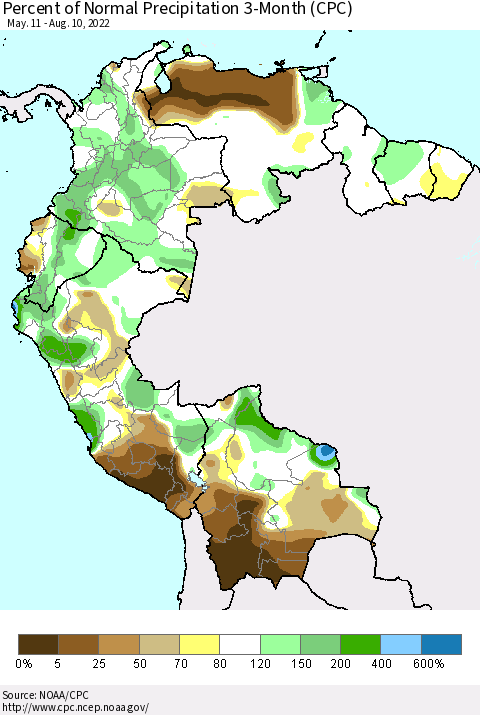 Northern South America Percent of Normal Precipitation 3-Month (CPC) Thematic Map For 5/11/2022 - 8/10/2022