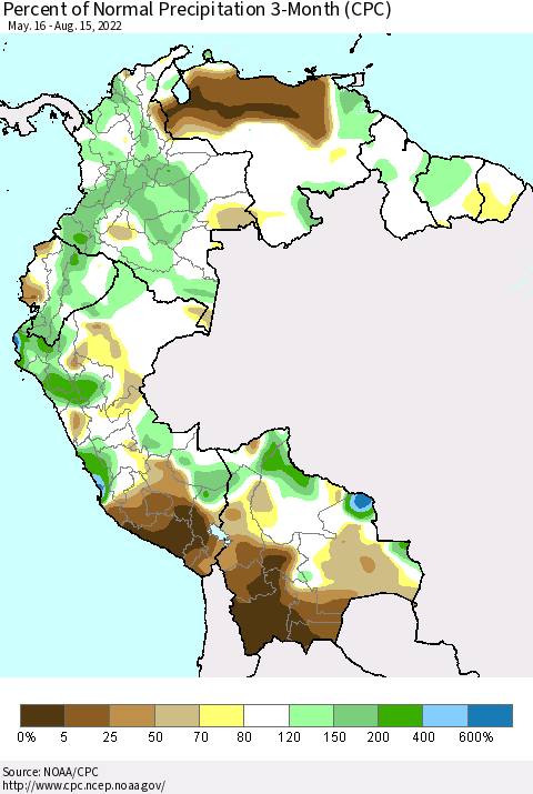 Northern South America Percent of Normal Precipitation 3-Month (CPC) Thematic Map For 5/16/2022 - 8/15/2022