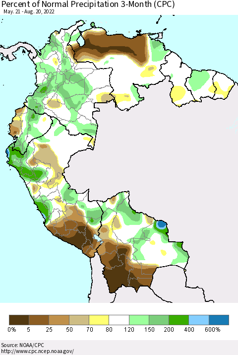 Northern South America Percent of Normal Precipitation 3-Month (CPC) Thematic Map For 5/21/2022 - 8/20/2022